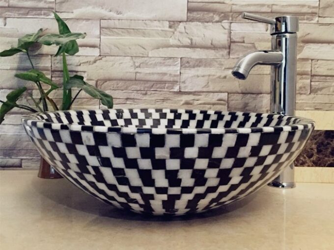 Black white mosaic sink , Vessel Bathroom Sink, Powder Room Sink Custom Vanity Top Natural Stone ...