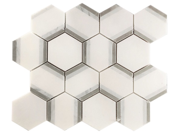Aluminium hexagon Marble mosaic Tiles, Thassos marble hexagon mosaic tile with silver